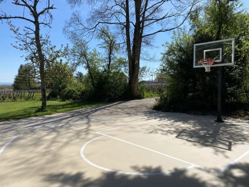 Terrain de basketball au gîte Clos Ceres à Viré, Bourgogne, avec vue sur les arbres et la campagne