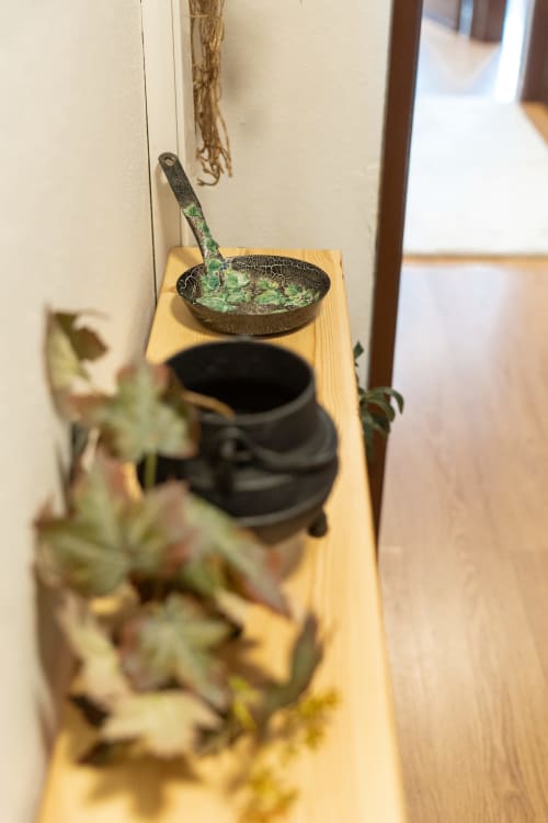 Panelas de ferro fundido antigo e suculentas em vasos expostas na prateleira de madeira do apartamento DouroParadise, Fontelas