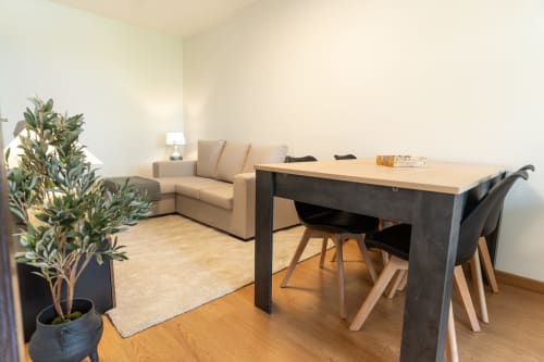 Sala de jantar moderna em DouroParadise com mesa escura, cadeiras pretas, sofá bege, planta em vaso e piso de madeira