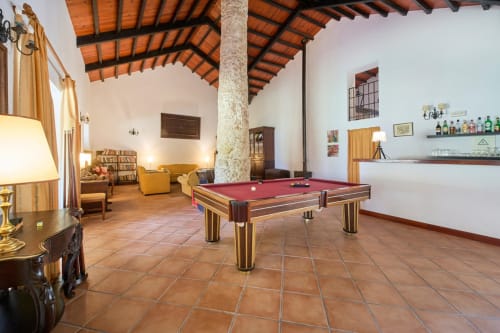 Espaçoso salão de jogos da Quinta da Alcaidaria-Mór com mesa de bilhar, área de estar e teto com vigas de madeira