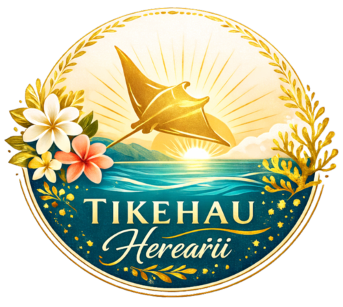 Logo Tikehau Herearii BnB avec fleurs tropicales, raie manta dorée et eaux turquoise à Tuherahera
