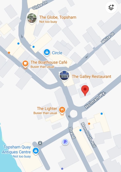 Map of Topsham, Exeter showing nearby attractions including The Globe, The Boathouse Café, The Galley Restaurant, and The