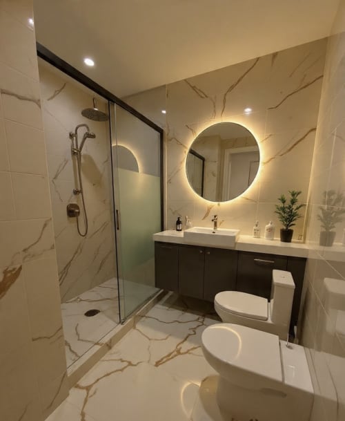 Lussuoso bagno dell'Hotel Il Mulino con piastrelle in marmo, specchio circolare illuminato, vanità scura e cabina doccia in vetro