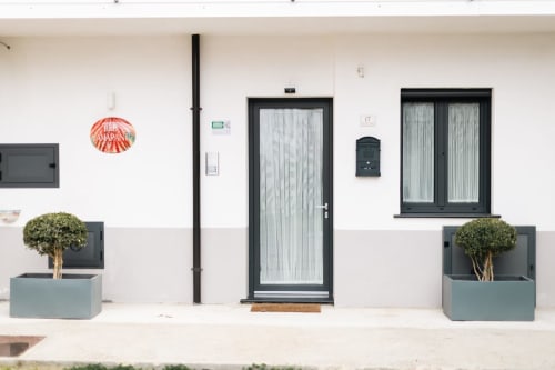 L'Amaranto BnB entrance in Agerola with black door, potted topiaries, and modern facade