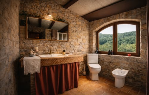 Stone bathroom with mountain views in a historic fortress