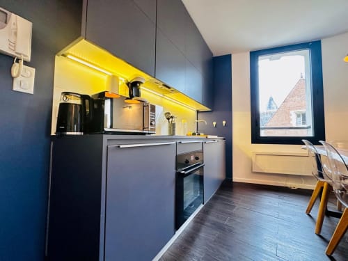 Cuisine moderne équipée avec éclairage jaune, mobilier sombre, électroménagers noirs et vue sur le Château Clos Lucé à Amboise