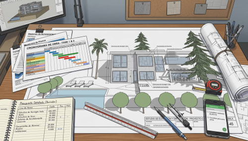 Architectural design workspace with building plans, project timeline, and construction blueprints for Escanda Building