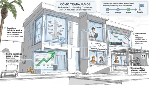 Escanda Building Solutions workflow diagram showing construction planning, coordination, quality control and timeline