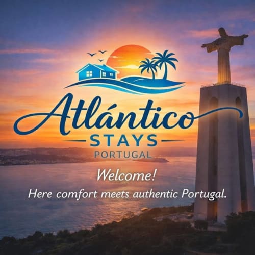 Banner de boas-vindas Atlântico Stays Portugal com pôr do sol, palmeiras e monumento do Cristo Rei em Lisboa