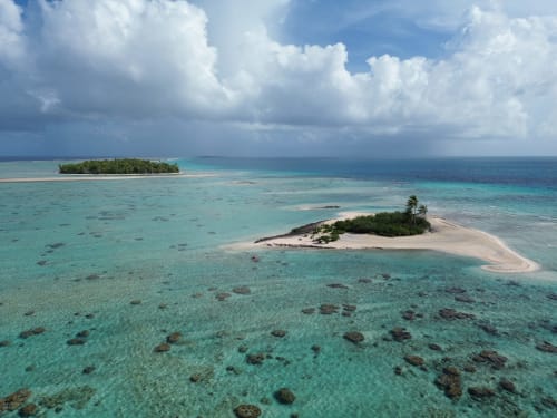 Lagon turquoise avec îles bordées de cocotiers près de Tikehau, Polynésie française