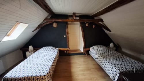 Chambre twin de La Chaumière aux Gîtes Le Pech, Sainte-Foy-de-Longas avec plafond mansardé et murs foncés
