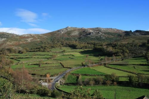 Vale verdejante com colinas ondulantes, terras agrícolas dispersas e estrada sinuosa perto de Casa da Avó Ana em Mondim de Basto, Portugal