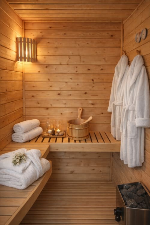 Sauna en bois du Domaine des Fleurs avec serviettes blanches, seau en bois et pierres chauffées à Gérardmer