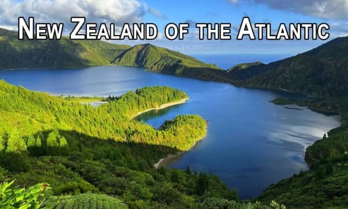 Lush green mountains and blue lakes at Golden Mermaid Villa, a scenic Azores retreat in Ribeirinha, Portugal.