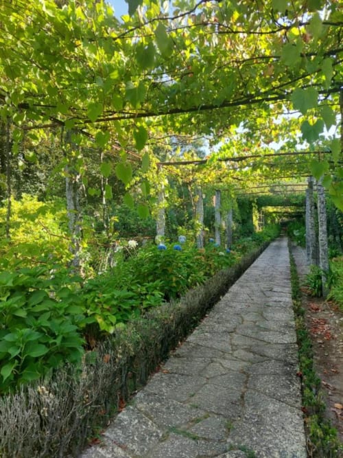 Caminho ajardinado coberto por pérgola na propriedade de agroturismo Quinta da Coutada em Arcos de Valdevez, Portugal