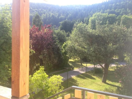 Wooden terrace overlooking wooded valley and mountains at Gîtes les Grandes voies cottage in Le Ménil