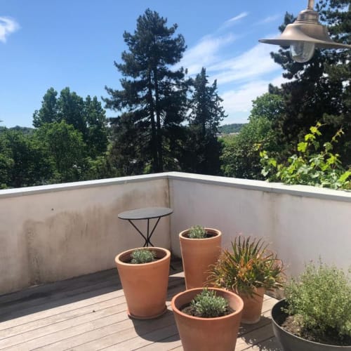 Terrasse ensoleillée avec plantes en pots, petite table et vue sur jardin arboré au gîte Denis & Virginie à Versailles