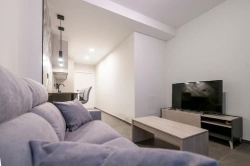 Moderno estudio en Valencia con sofá morado, televisión, cocina americana y escritorio de trabajo en ML Apartments