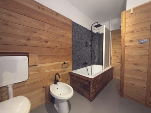 Modern wooden bathroom in mountain chalet at Auronzo di Cadore with sink, toilet, and shower enclosure