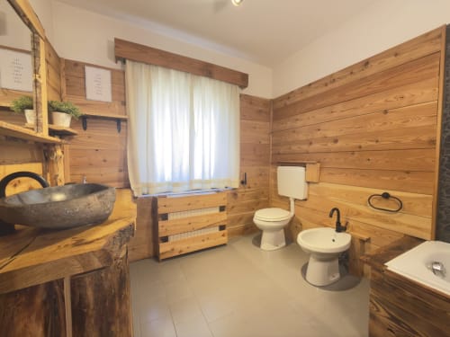 Rustic wooden bathroom in mountain chalet, Auronzo di Cadore, with stone sink, toilet, bidet and window