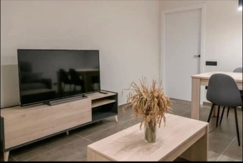 Sala de estar moderna en Valencia con televisor de pantalla plana, muebles de madera y flores secas en jarrón