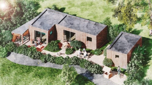 Studio Les Brosses aux Logis du Canal à Betton, vue aérienne d'appartements modernes en brique avec terrasse et jardin