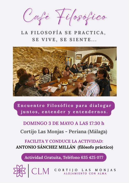 Café Filosófico event at Cortijo Las Monjas, Periana - philosophical dialogue gathering with participants seated around table
