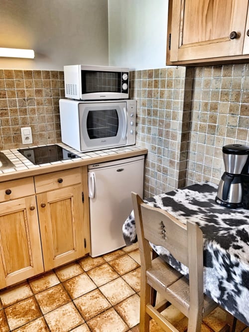 Studio kitchen at Chez Francine with wooden cabinets, microwave oven, refrigerator, and tiled backsplash in Notre Dame de