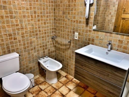 Bathroom at Chez Francine studio apartment featuring toilet, bidet, and double sink vanity with brown tile walls