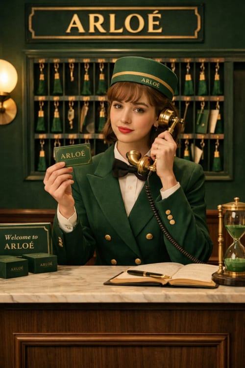 Concierge de l'hôtel ARLOÉ en uniforme vert vintage tenant un téléphone en laiton au bureau de réception à La Rochelle, France