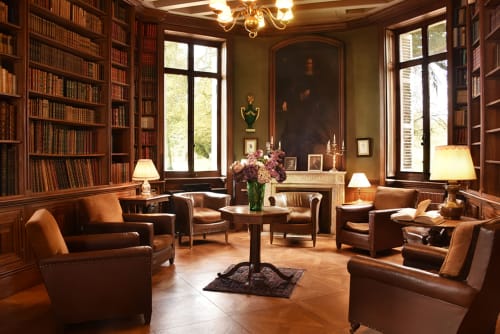 Élégant salon-bibliothèque du Château De Varambon avec sièges en cuir, bibliothèques du sol au plafond, foyer et décor d'époque