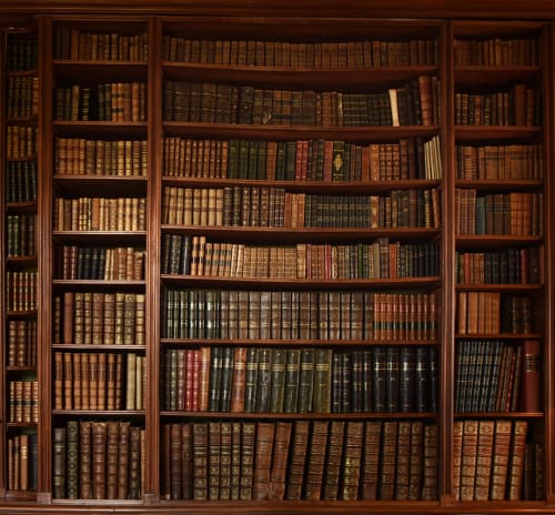 Imposante bibliothèque en bois du Château de Varambon remplie de livres anciens reliés en cuir et de littérature classique