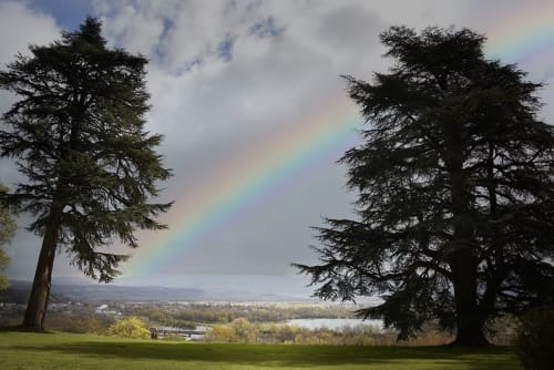 Arc-en-ciel surplombant le paysage pastoral du Château de Varambon avec ses arbres centenaires et vue sur la vallée