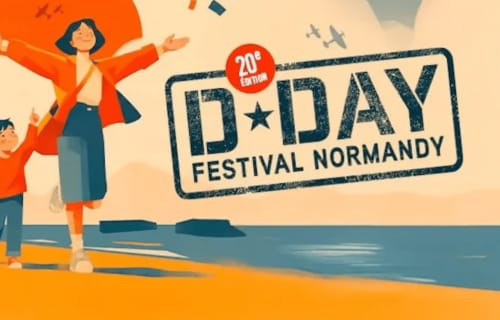 Affiche du Festival du Débarquement en Normandie, 20e édition, scène de célébration sur la plage d'Isigny-sur-Mer