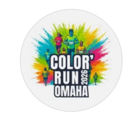 Color Run Omaha 2025 event logo with colorful runners and vibrant paint splash design