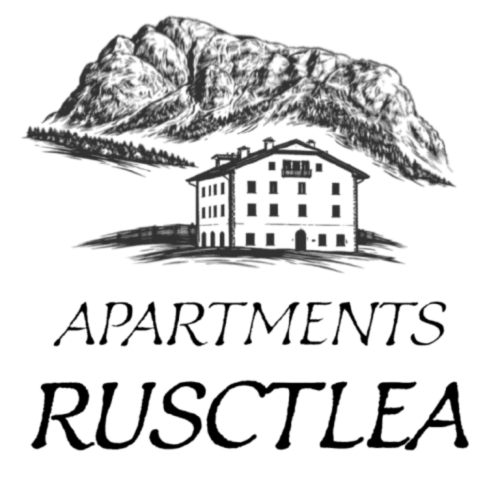 Rustclea Apartments Logo mit Alpengebäude und Bergkulisse in Selva di Valgardena