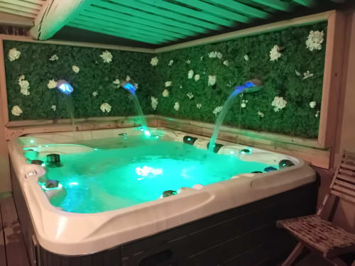 Jacuzzi illuminé aux LED vertes au gîte Le Mas d'Andiol, orné d'un mur de mousse