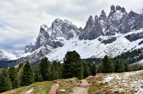 Picchi dolomitici innevati sopra pendii boscosi a Selva di Val Gardena, Italia