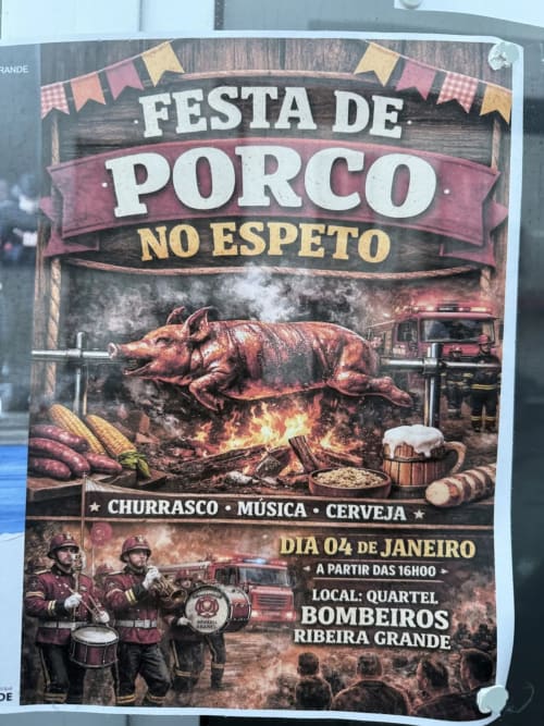 Festa de Porco festival poster advertising roasted pork, music, and beer on January 4th at Ribeira Grande firehouse