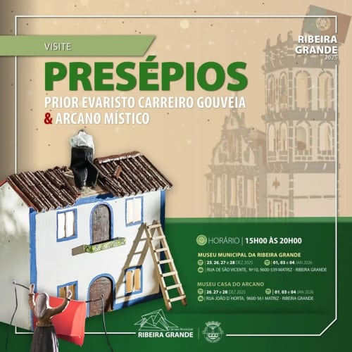 Presépios nativity scene visit poster for Ribeira Grande 2025 featuring traditional architecture