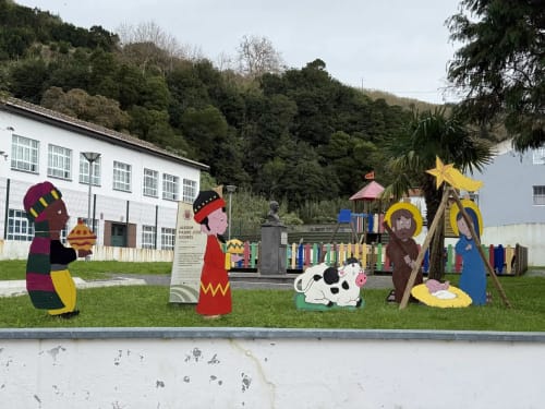 Colorful children's storybook characters displayed at Golden Mermaid Villa playground in Ribeirinha, Portugal