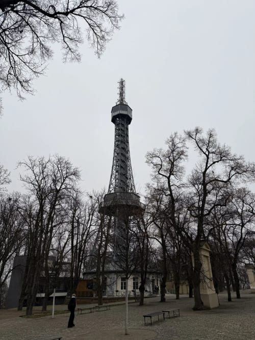 Petrin Tower surrounded by bare trees in Prague near Golden Mermaid Villa, Ribeirinha