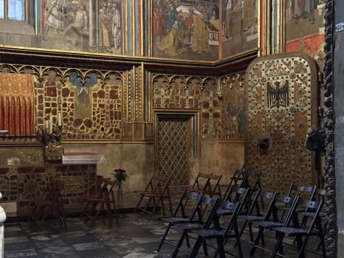 Medieval chapel interior with ornate gold panel details at Golden Mermaid Villa, Ribeirinha Portugal