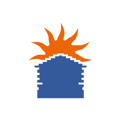 Orange sun above blue building silhouette, logo for Résidence hôtelière du Coiroux in Aubazine