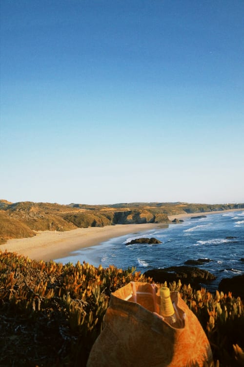 Falésias costeiras e praia arenosa com ondas em Cerro da Campaniça, Santiago do Cacém, Portugal
