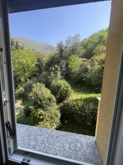 Balcony view from Xerxes House in Varenna, Italy showing lush green mountains and vegetation