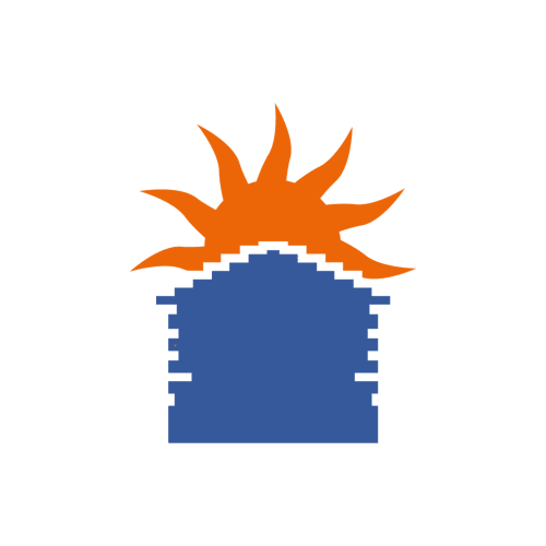 Stylized orange sun above blue building icon for Résidence hôtelière du Coiroux in Aubazine