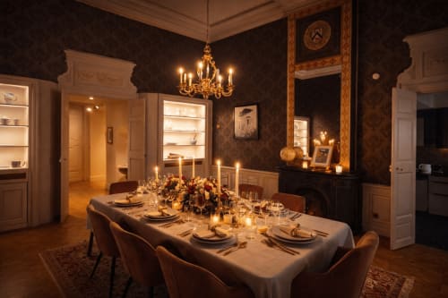 Elegant dining room at Les Suites de Montigny in Aix-en-Provence with candlelit table, floral centerpiece, chandelier, and