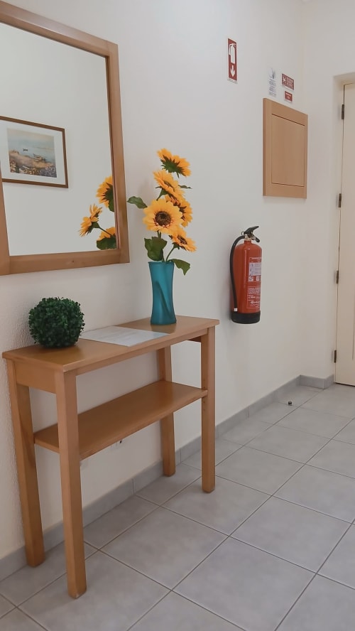 Entrada de hotel com console de madeira, girassóis em vaso azul, planta verde, espelho, extintor e piso com azulejos