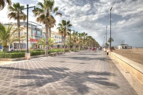 Paseo frente al mar en ML Apartments, Valencia con palmeras, camino pavimentado, playa arenosa y edificios junto a la costa